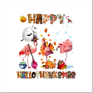 Cute Flamingo HalloThanksmas Happy Halloween Thanksgiving T-Shirt Posters and Art